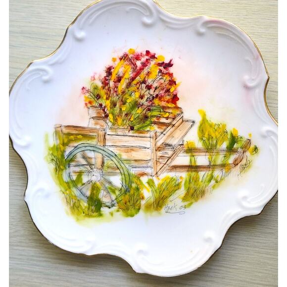 COLLECTOR PLATE-HAAS & CAJZEK-Porcelain-Bisque-Hand Painted-Signed-Flower Cart - Picture 8 of 10